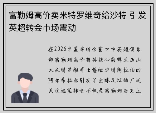 富勒姆高价卖米特罗维奇给沙特 引发英超转会市场震动