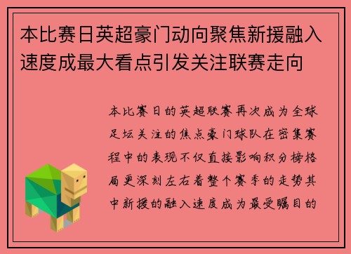 本比赛日英超豪门动向聚焦新援融入速度成最大看点引发关注联赛走向 本比赛日英超豪门动向聚焦新援融入速度成最大看点引发关注联赛走向